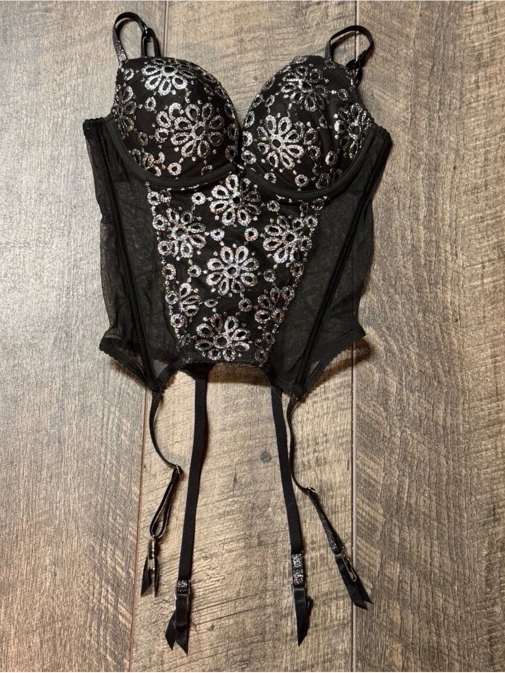 Victoria's Secret Black Sequin Floral Bustier with Garters